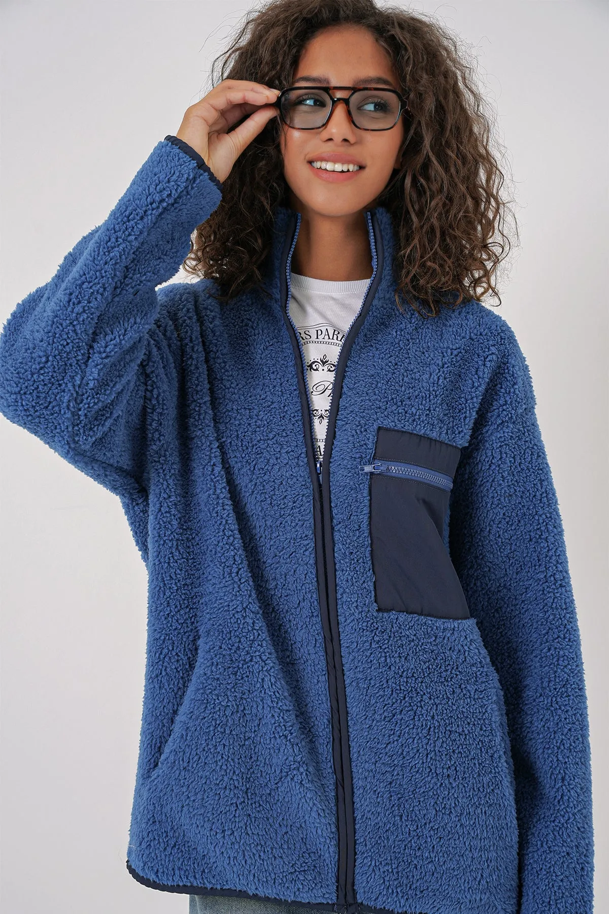 55455 kadin fermuarli oversize peluş ceket - siyah