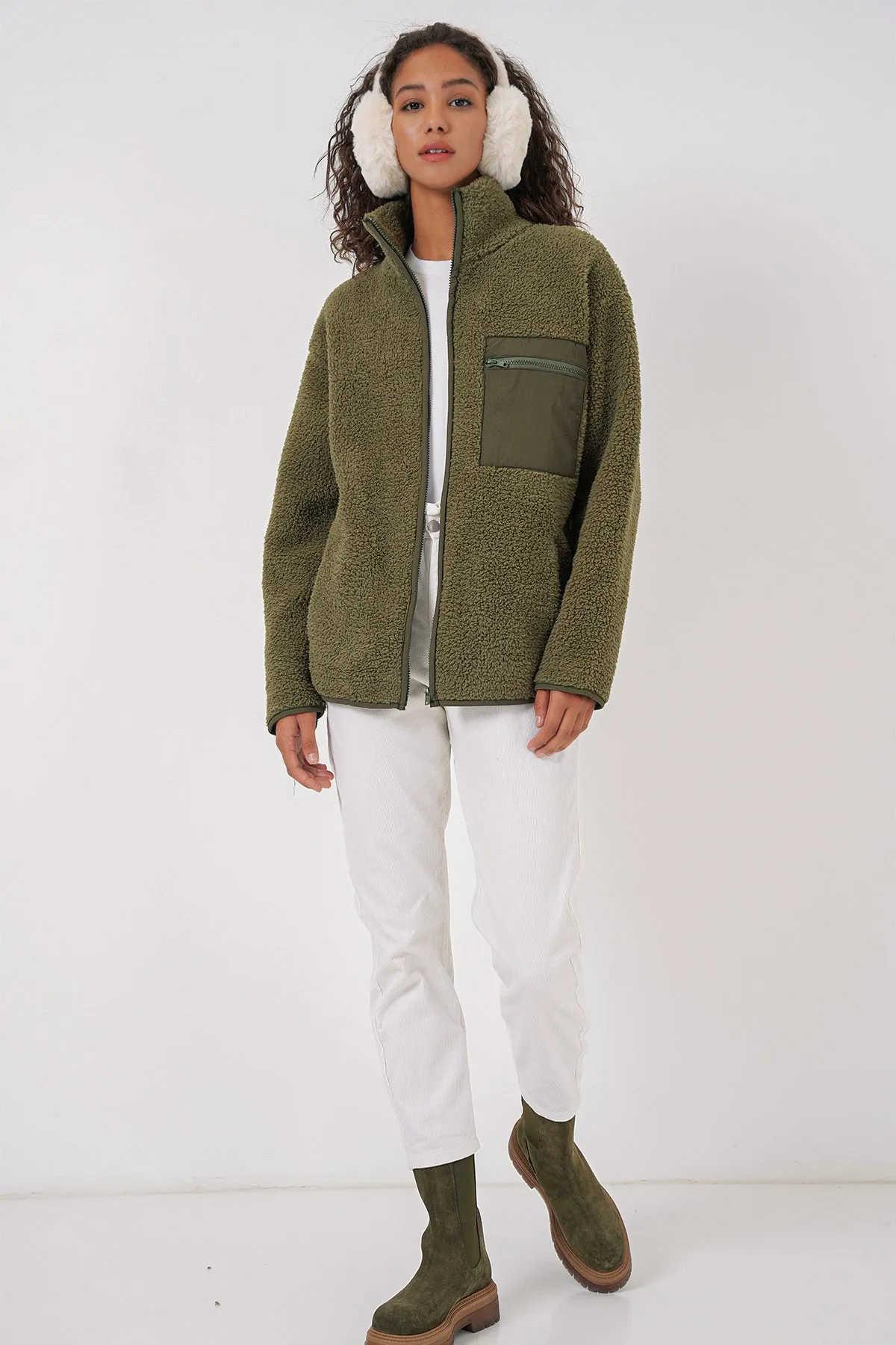 55455 kadin fermuarli oversize peluş ceket - siyah