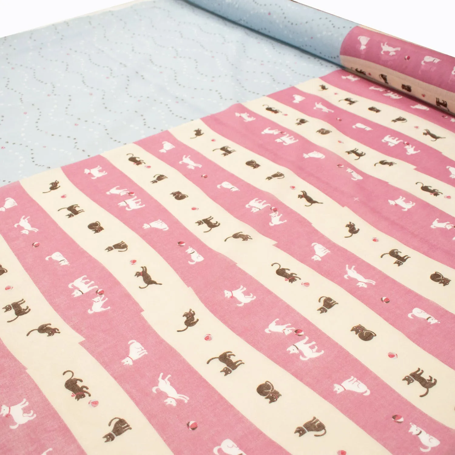 Border Printed Cotton Voile Design-12 Paw Stripes on Blue/Cats and Dogs on Pink & Cream Stripes