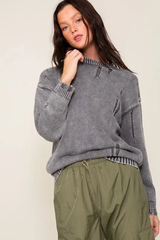 Casual Stylish Mineral Wash Distressed Long Sleeve Fashion Top Sweater