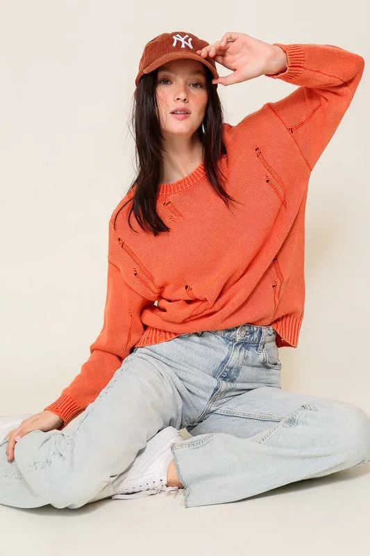 Casual Stylish Mineral Wash Distressed Long Sleeve Fashion Top Sweater