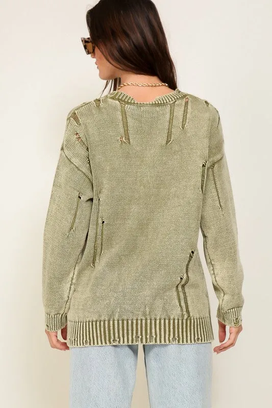 Casual Stylish Mineral Wash Distressed Long Sleeve Fashion Top Sweater