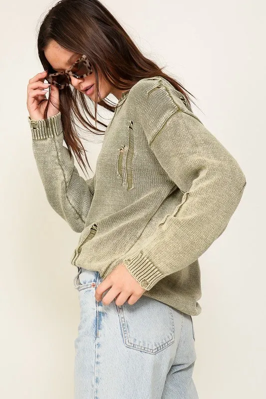 Casual Stylish Mineral Wash Distressed Long Sleeve Fashion Top Sweater