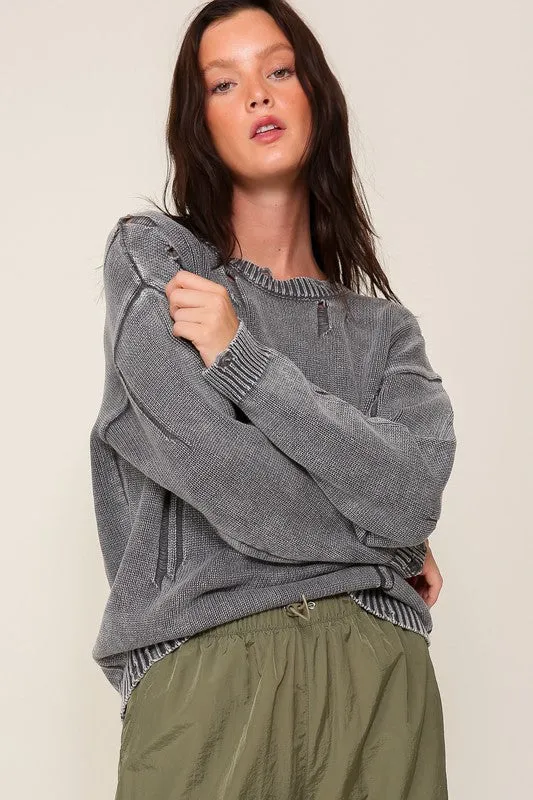 Casual Stylish Mineral Wash Distressed Long Sleeve Fashion Top Sweater