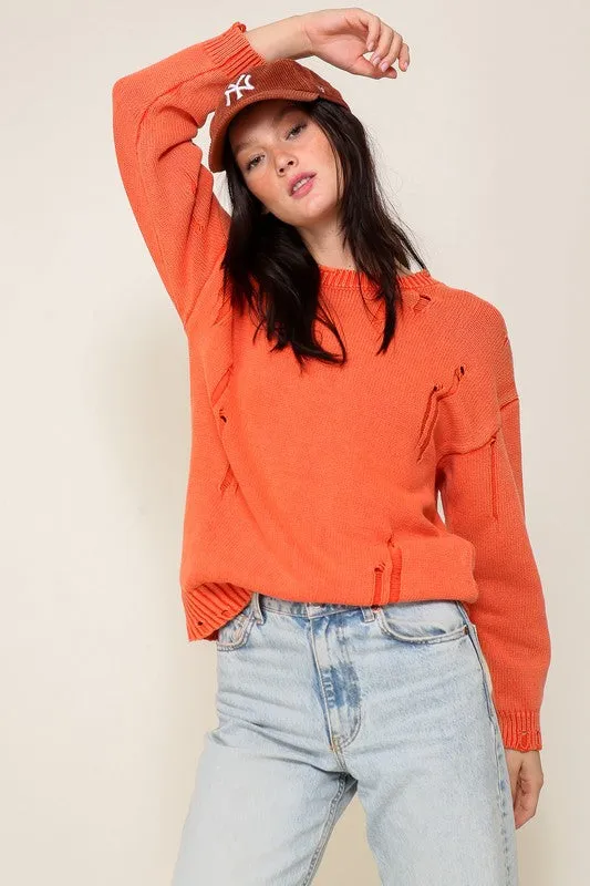 Casual Stylish Mineral Wash Distressed Long Sleeve Fashion Top Sweater