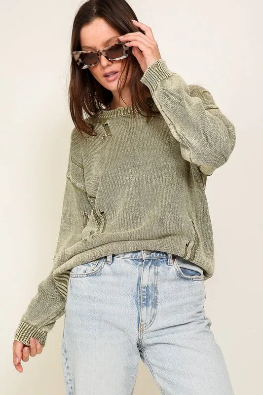 Casual Stylish Mineral Wash Distressed Long Sleeve Fashion Top Sweater