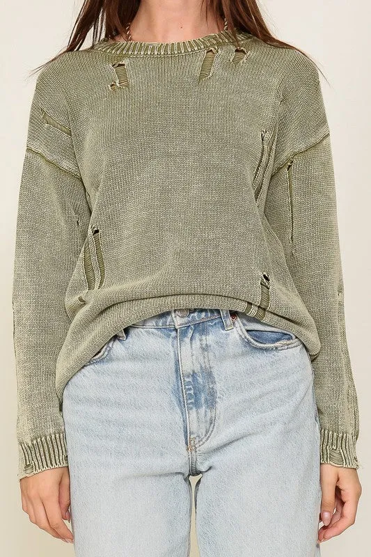 Casual Stylish Mineral Wash Distressed Long Sleeve Fashion Top Sweater