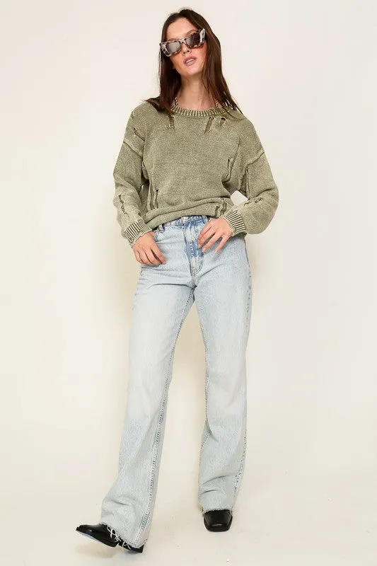 Casual Stylish Mineral Wash Distressed Long Sleeve Fashion Top Sweater