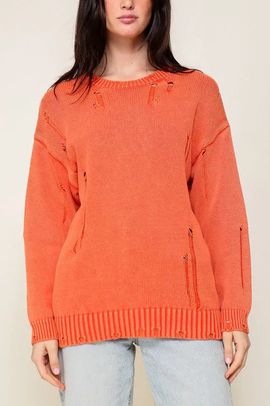 Casual Stylish Mineral Wash Distressed Long Sleeve Fashion Top Sweater