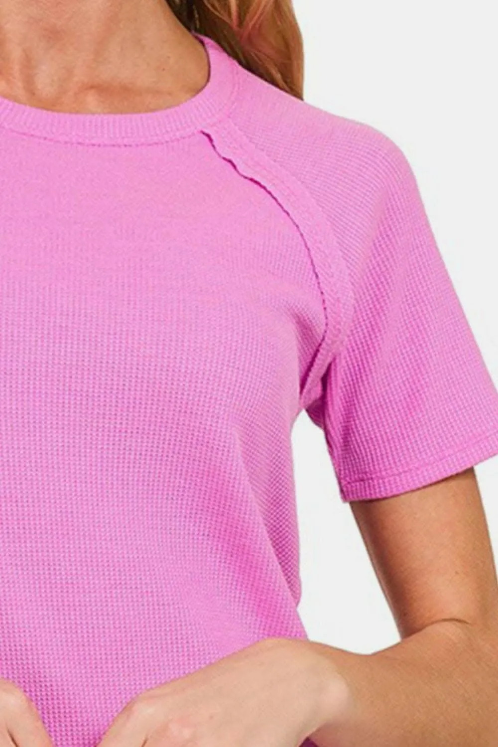 Cozy Textured Round Neck Waffle Knit Tee