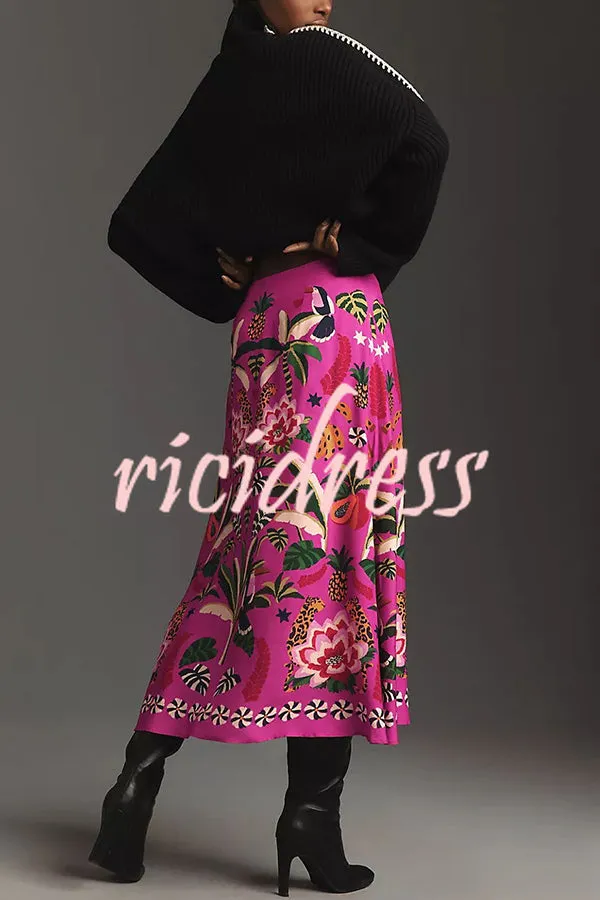 Creative Tropical Rainforest Unique Print High Rise Midi Skirt