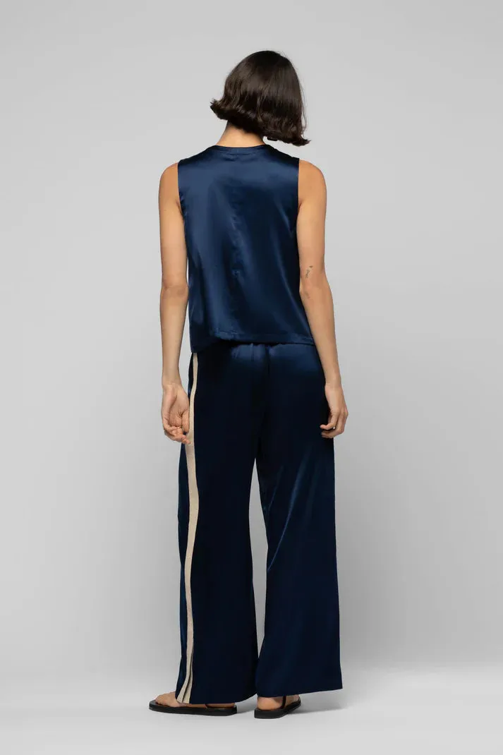 Navy silk pants with cashmere side stripes