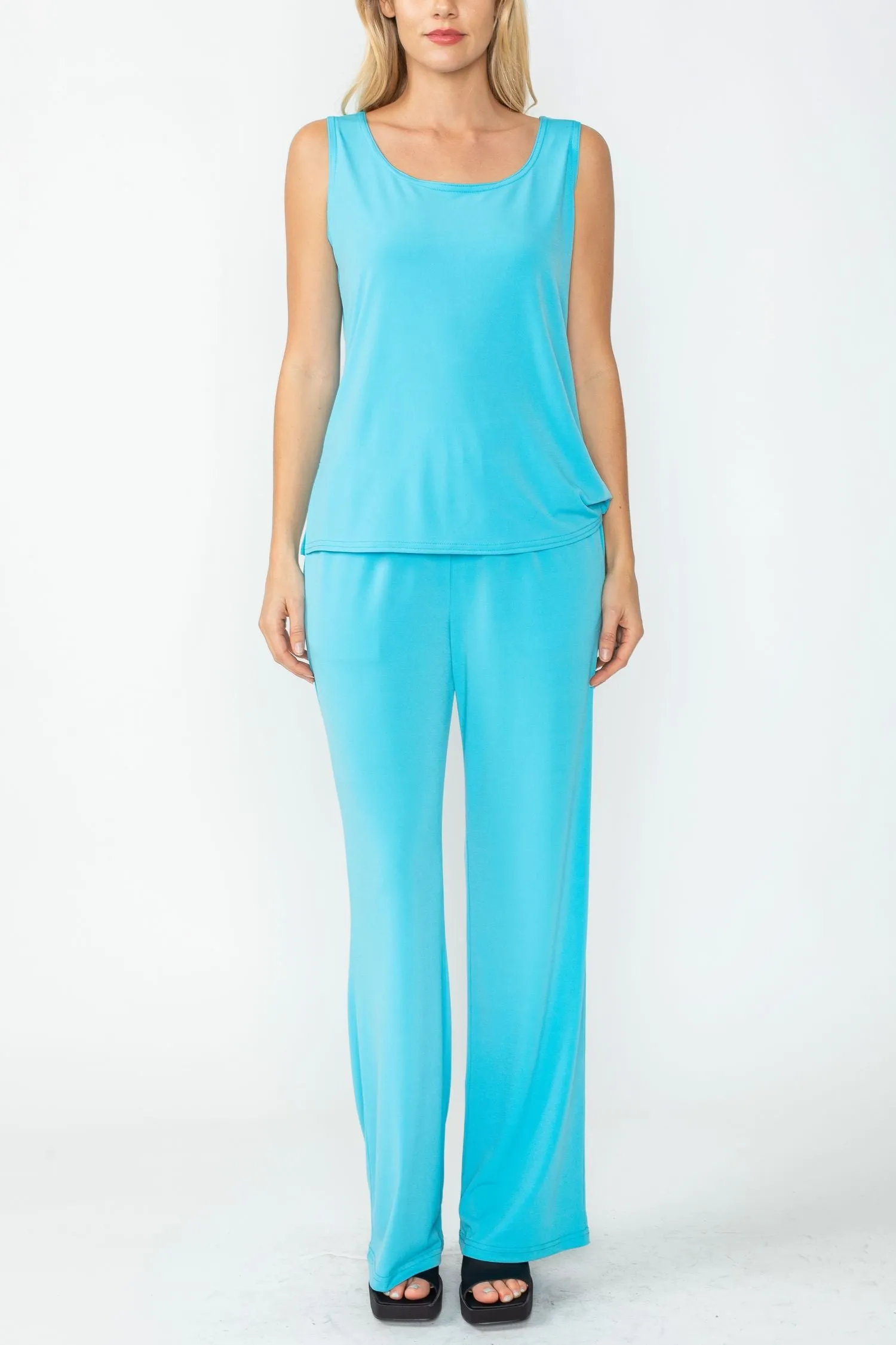 Turquoise Wide Leg Long Pants & Scoop Neck Tank Top