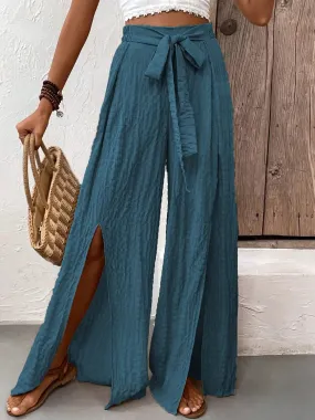 women's wide leg pants, leg slit design, tied waist, by Honey