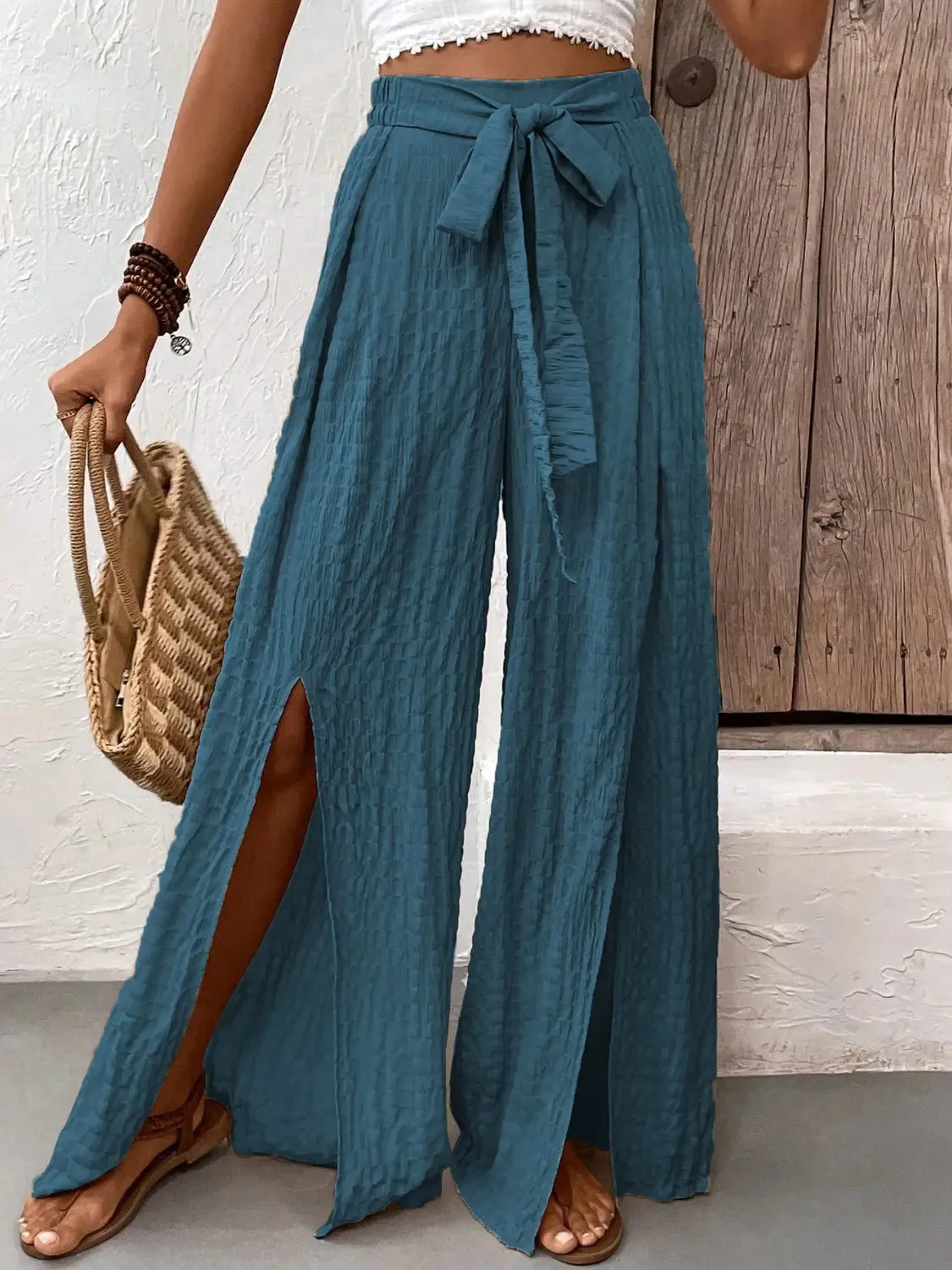 women's wide leg pants, leg slit design, tied waist, by Honey
