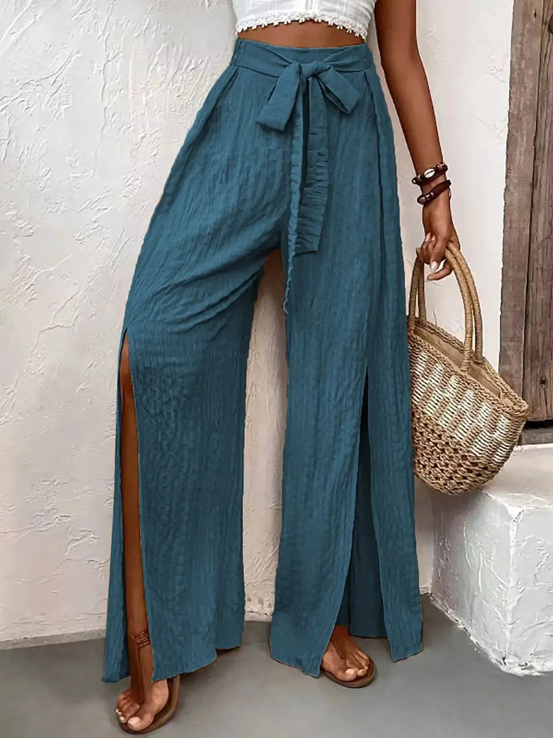 women's wide leg pants, leg slit design, tied waist, by Honey
