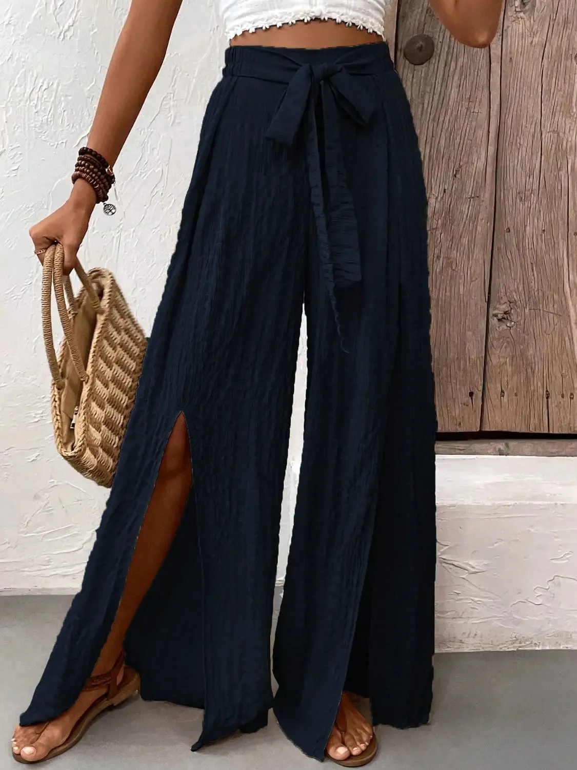 women's wide leg pants, leg slit design, tied waist, by Honey