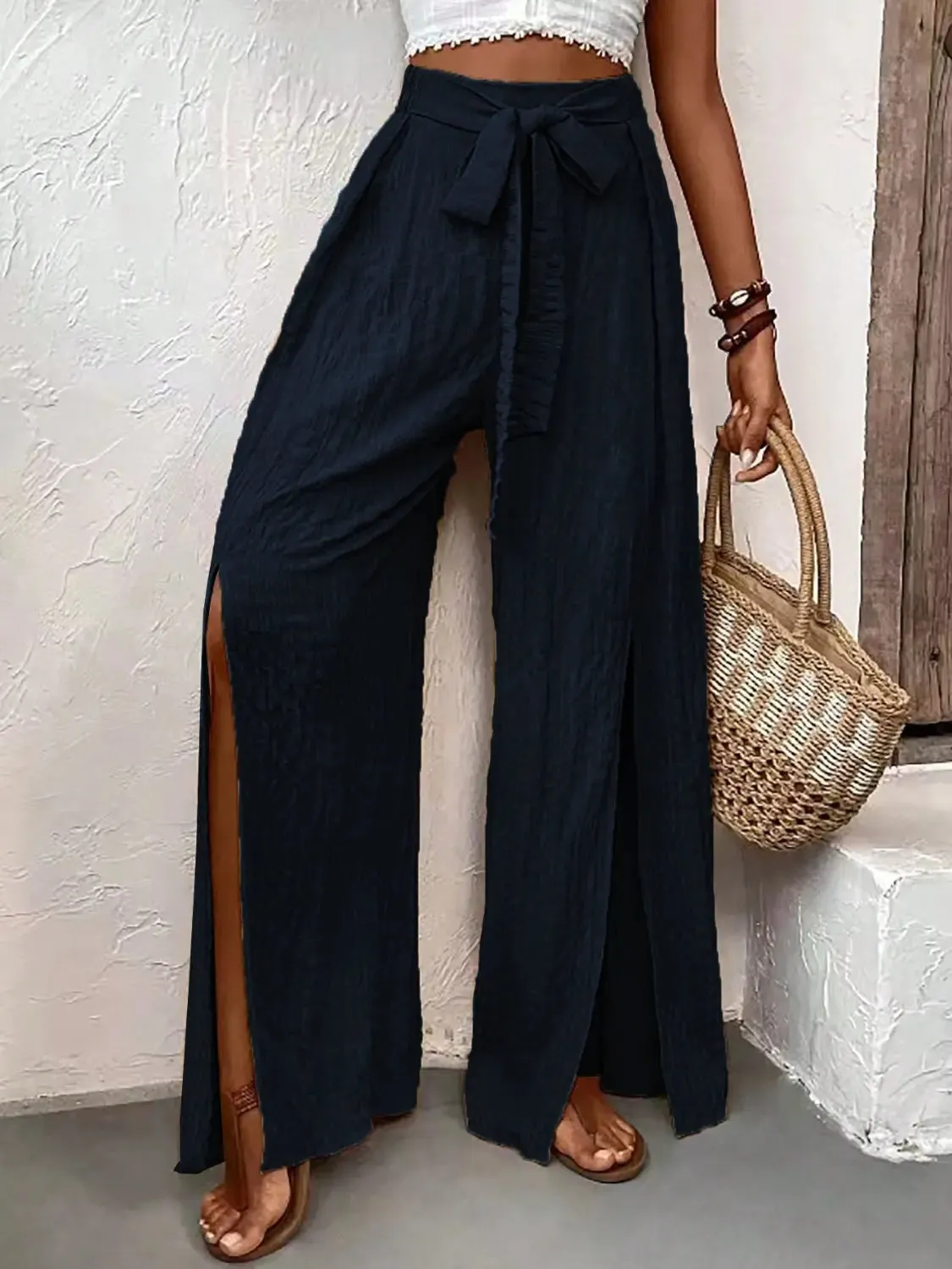 women's wide leg pants, leg slit design, tied waist, by Honey