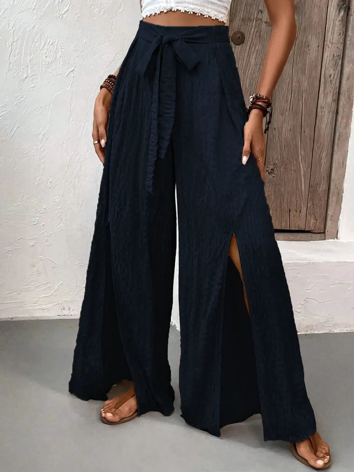 women's wide leg pants, leg slit design, tied waist, by Honey