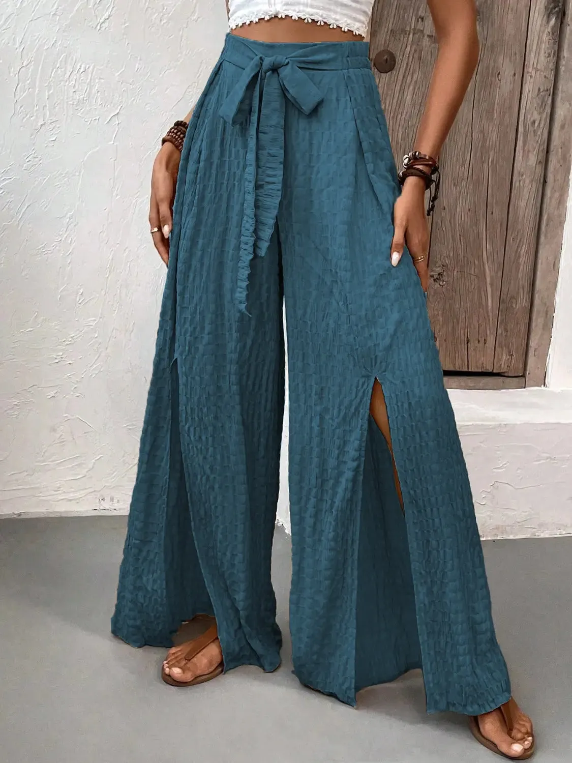 women's wide leg pants, leg slit design, tied waist, by Honey